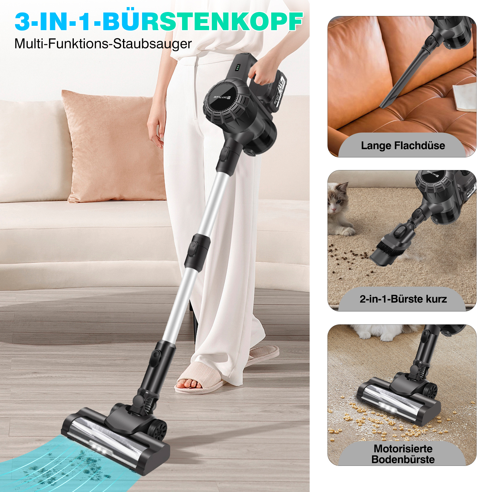 E-shop Akku Staubsauger 45KPa/550W/60Min, Superleise Staubsauger Kabellos mit Selbststehende Funktion, Anti-Tangle-Bürste, 8-Fach-Filtration