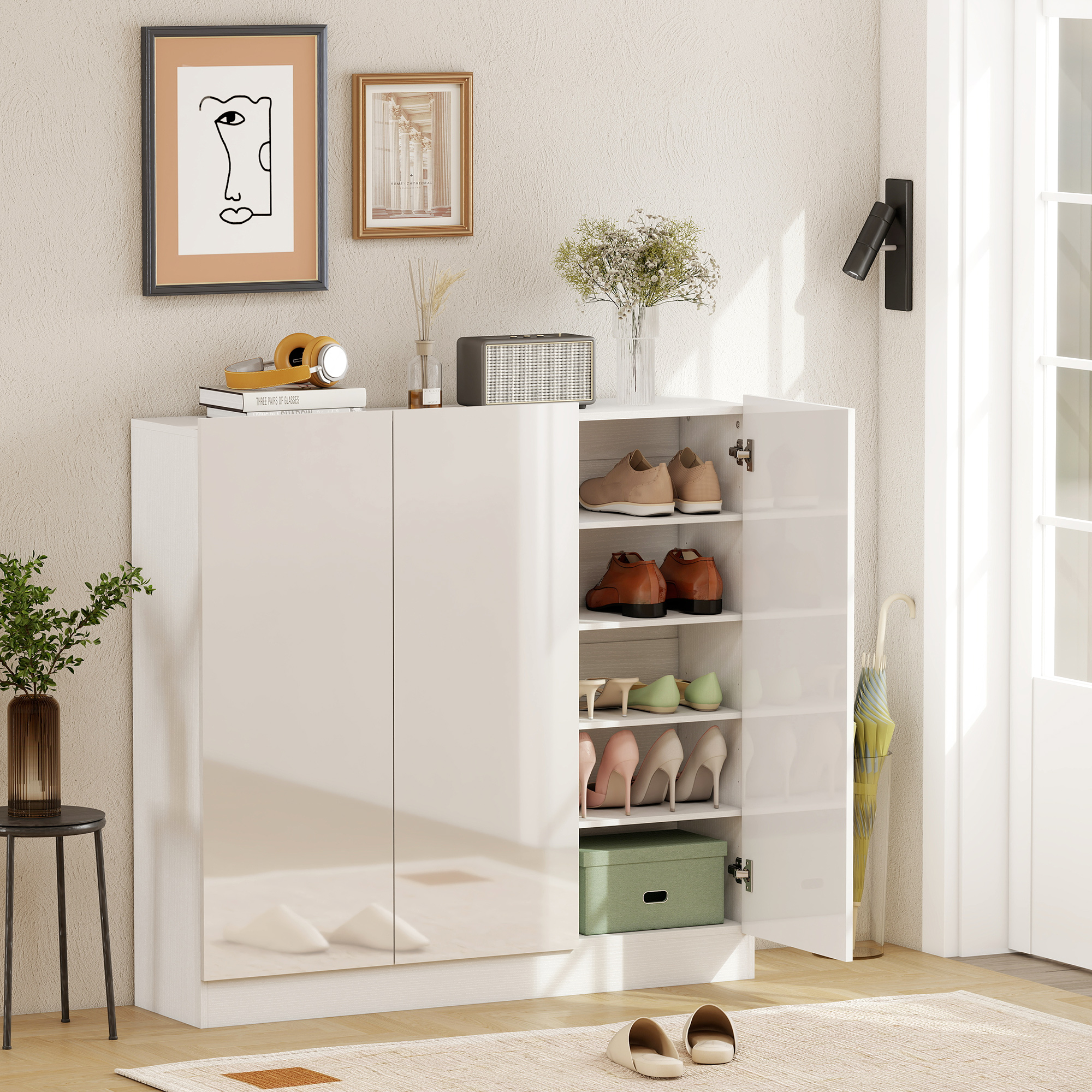 Shoe Cabinet, Shoe Rack With Adjustable Shelves, Ventilation Holes, High-gloss Doors, Shoe Storage With Function, Shoe Dresser For 25-30 Pairs, 106.4x34x108.5cm, White.