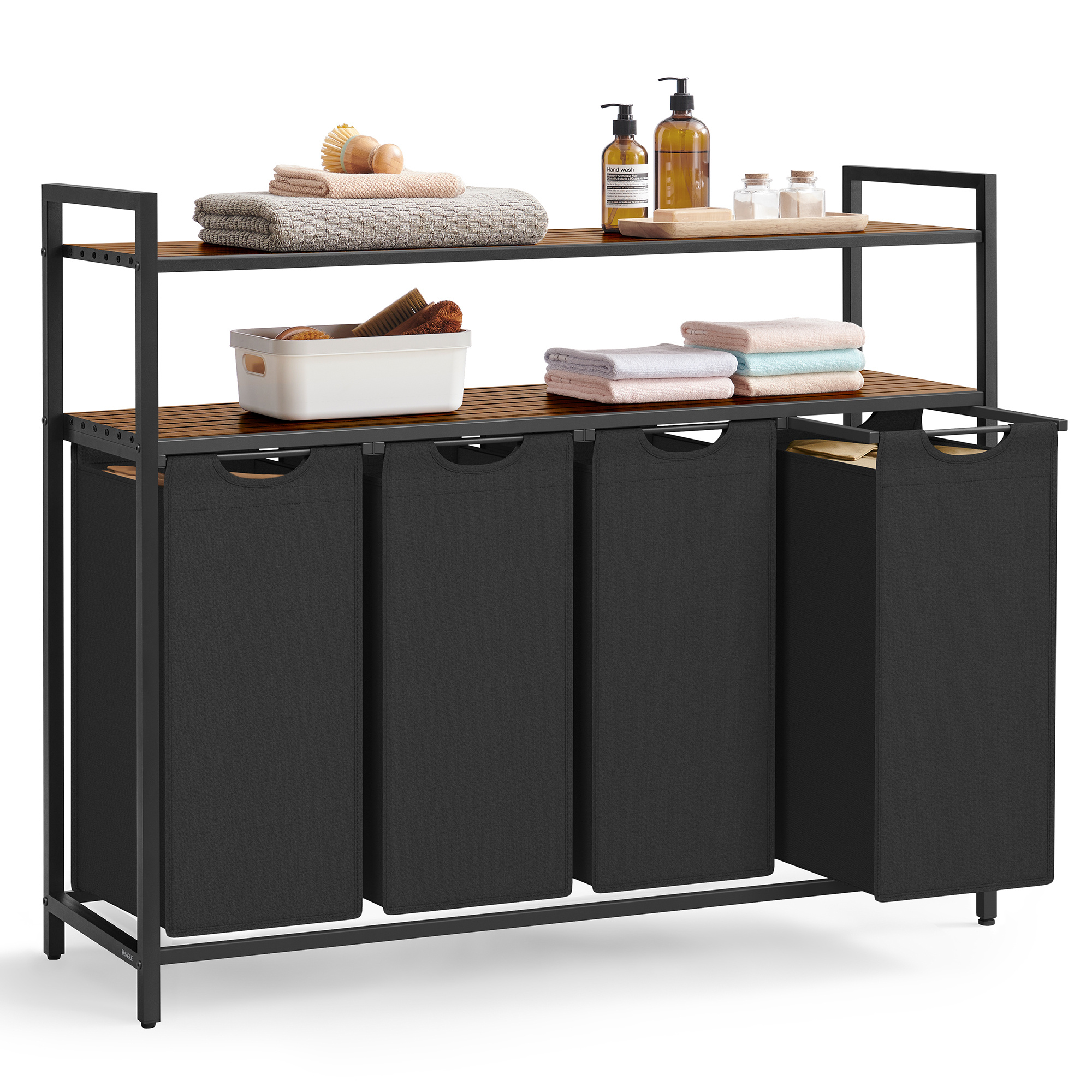 Laundry Basket, Laundry Collector With 2 Shelves, 4-compartment Laundry Hamper, Retractable And Removable Laundry Bag, 65 , -black