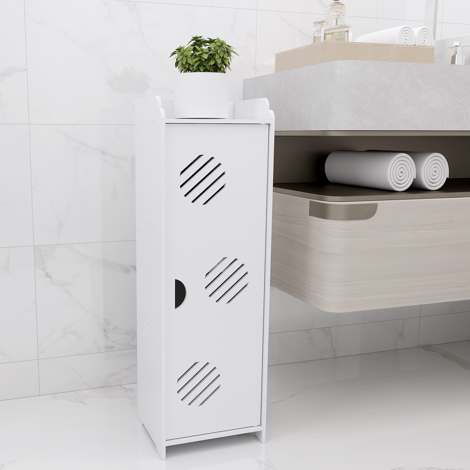 E-shop Badezimmerschrank mit Türen und Ablageflächen, geeignet für Badezimmer und Wohnzimmer, 75 x 24 x 22 cm, weiß