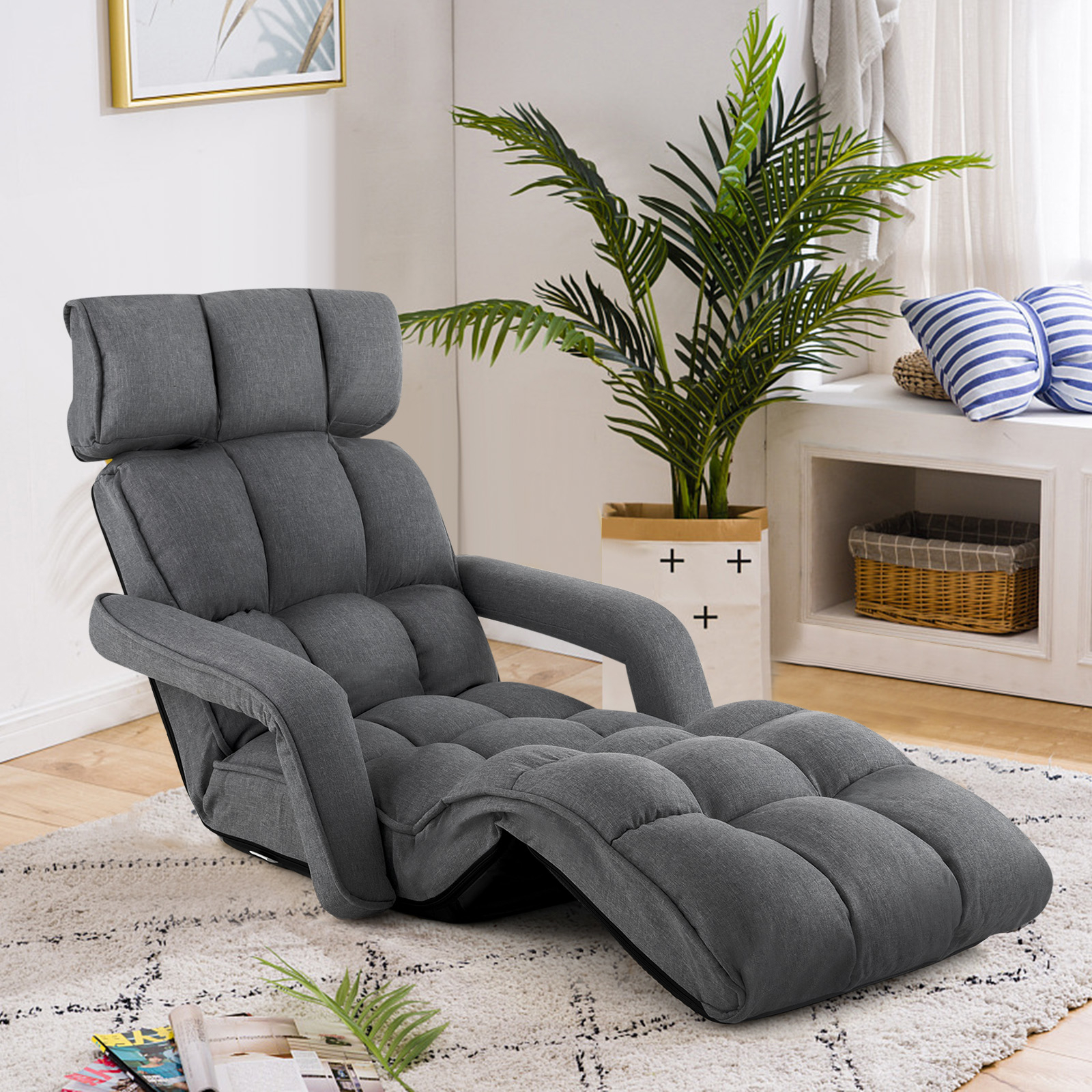 Floor Lounger, Recliner With Adjustable Backrest, Floor Chair With Armrests, Folding Recliner Chair