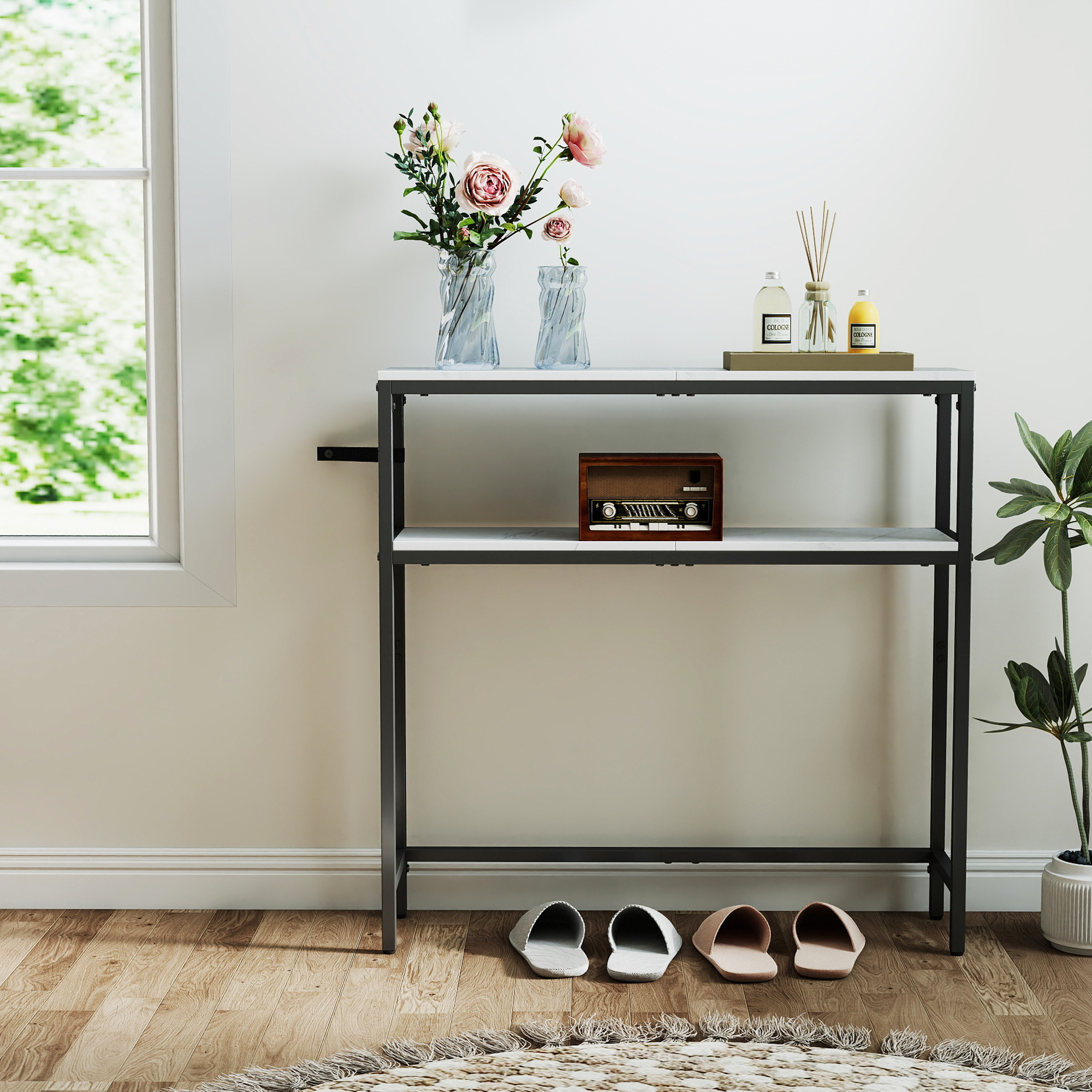 E-shop Konsolentisch, schmaler Sofatisch mit 2 Ablagen, 20 x 80 x 80 cm, Flurtisch, 2 Ebenen, marmorweiß-tintenschwarz