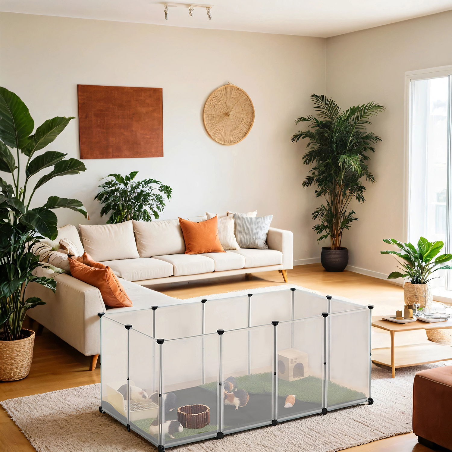 E-shop Einfacher Kleintierlaufstall, Laufstall mit Boden, abnehmbarer wasserdichter Boden, Hamster-, Kaninchengehege, 145 x 73 x 57 cm, Weiß