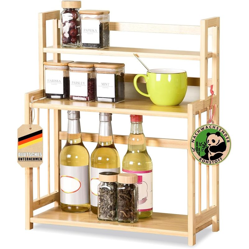 Image of Floordirekt Bamboo Kitchen Shelf - Stylish Storage For Spices & Utensils - Spice Rack Or Kitchen Organizer - Of Space For Spices - Freestanding Storage - Secure Hold - Warm & Natural Look