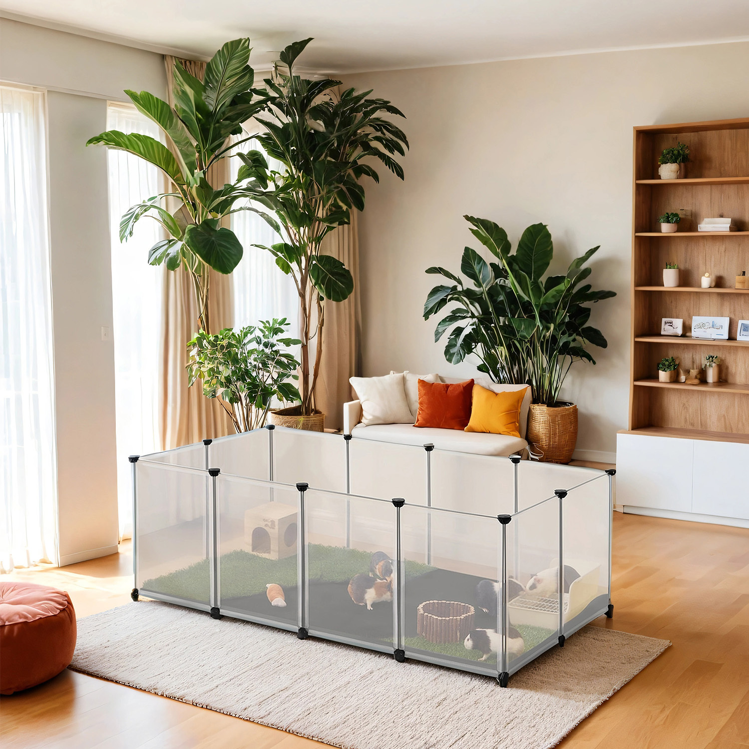 E-shop Kleintiergehege mit Bodenplatten, Laufstall mit abnehmbarer und wasserfester Unterlage, Gehege für Hamster, Kaninchen, 143 x 73 x 46 cm, weiß