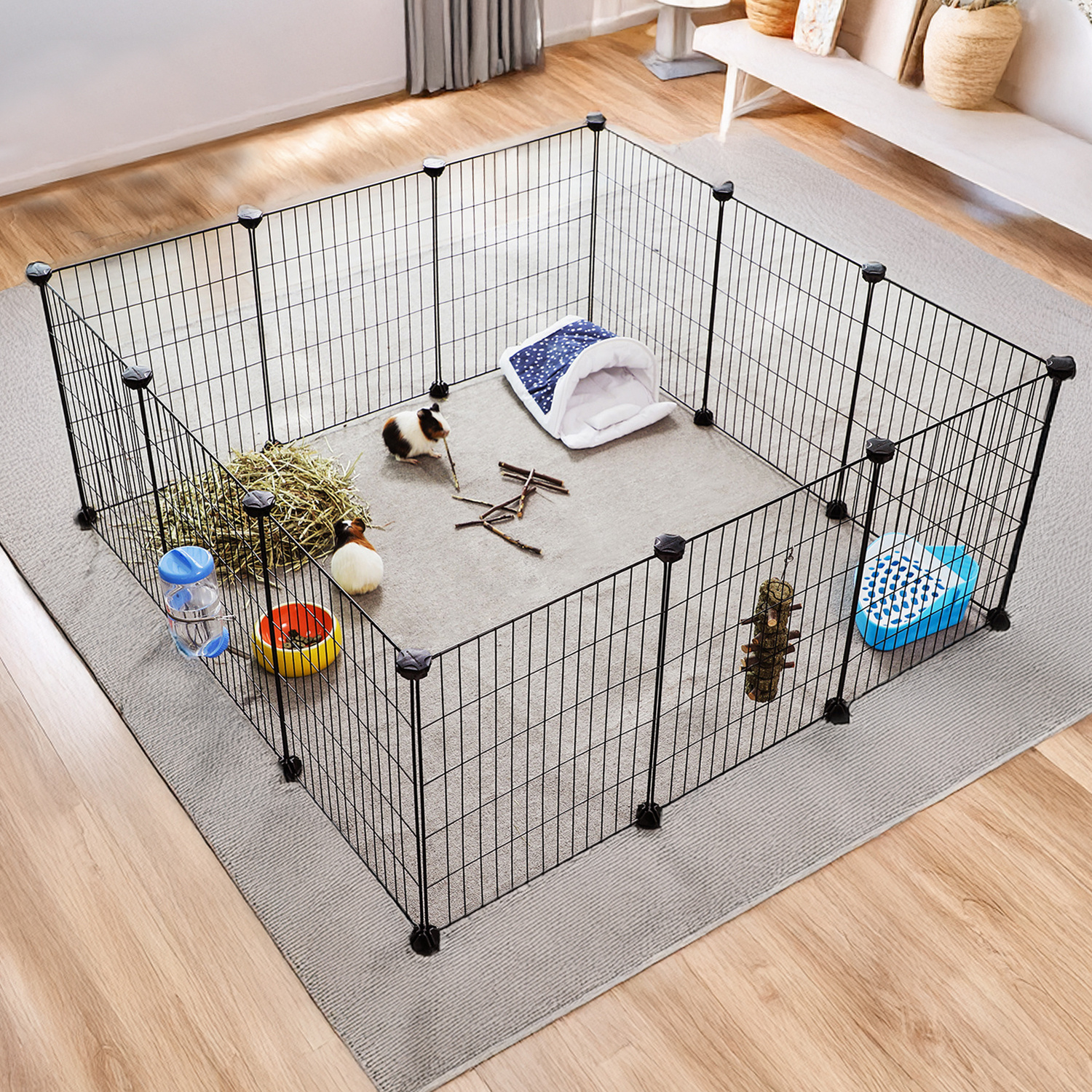 E-shop Kleintiergehege, Kleintierkäfig, DIY, Kaninchen, Meerschweinchen, Metallgitter, 143 x 73 x 46 cm, schwarz
