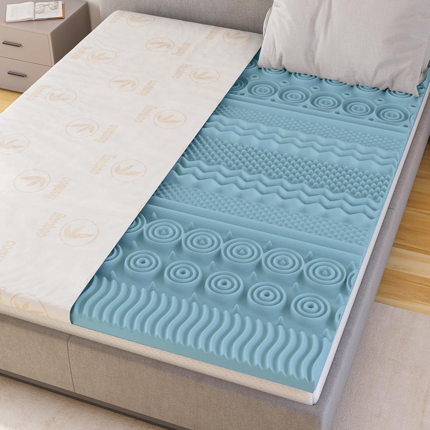 Image of - Memory Foam Mattress Topper With Gel + Bamboo Cover - With 13 Support Zones - 4cm Thin Design - Perfect For Single Mattresses, Sofa Beds, And Convertible Couches
