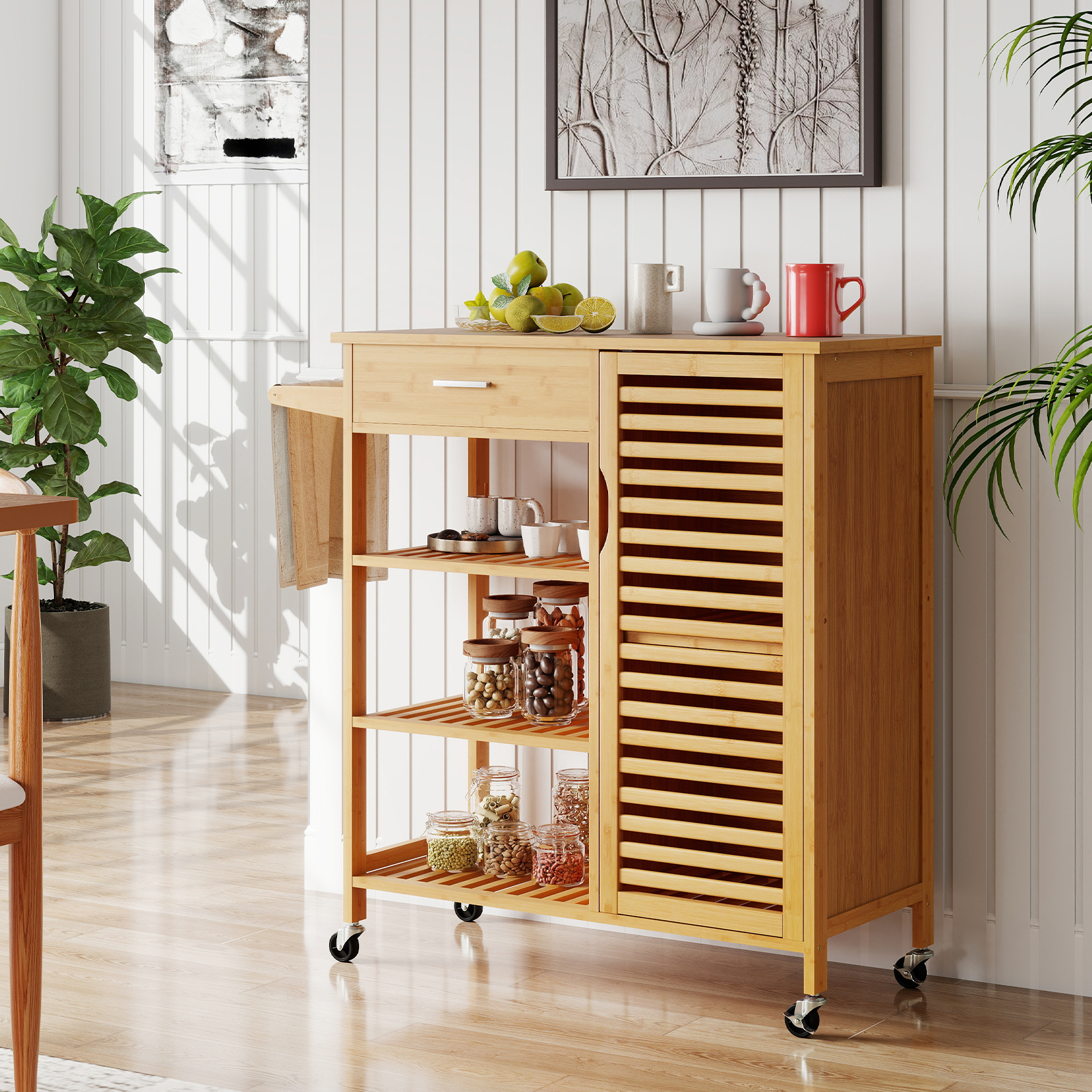 Image of Kitchen Island Cart With Storage, Bamboo Rolling Serving Utility Cart With Drawer, 3 Open Shelves, Single-door Cabinet, Towel Rack, Lockable Casters, Mobile Kitchen Table For Dining Room, Natural
