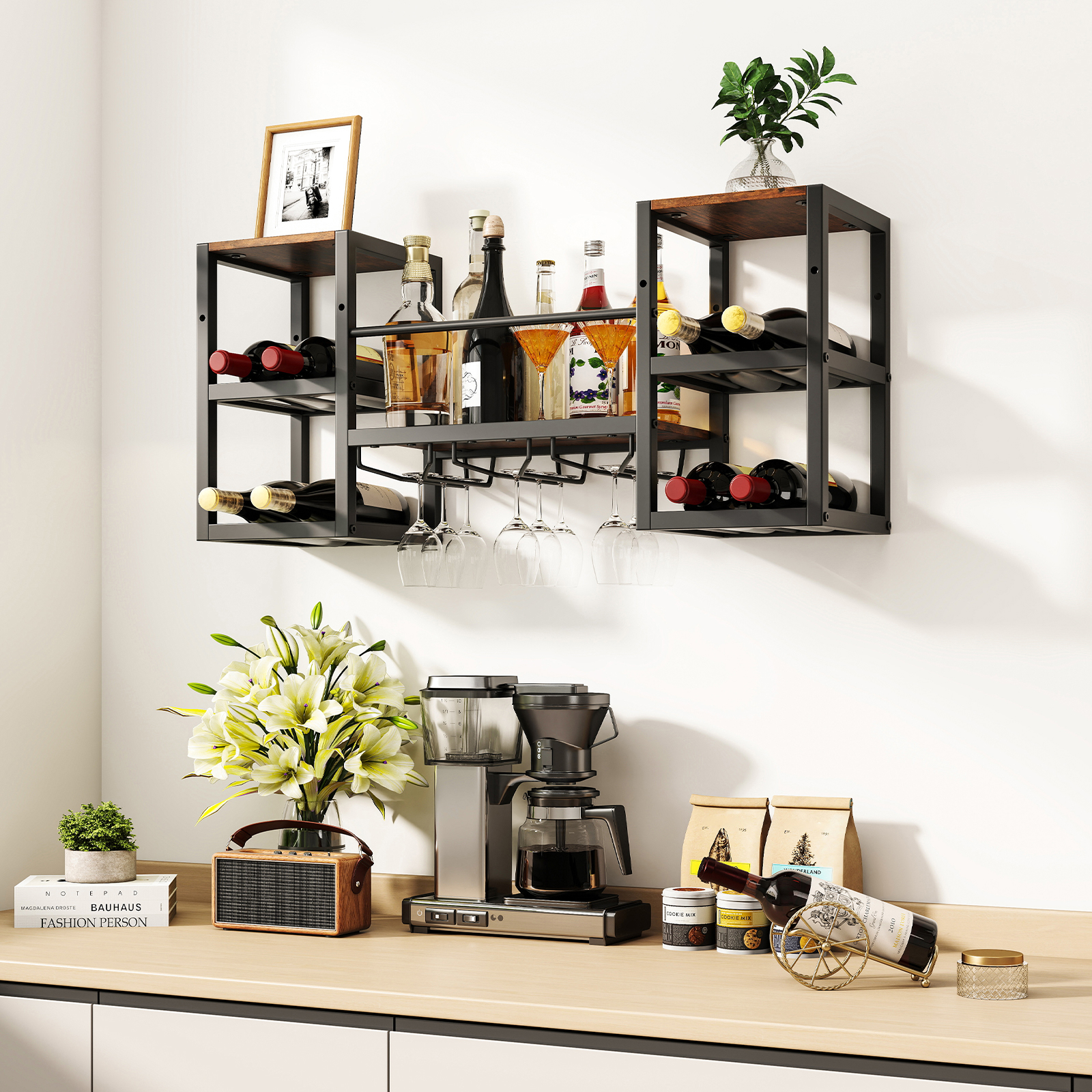 Wall Wine Shelf, Hanging Wine Cabinet With Bottle Holder, Glass Holder, Open Shelves, Metal Frame