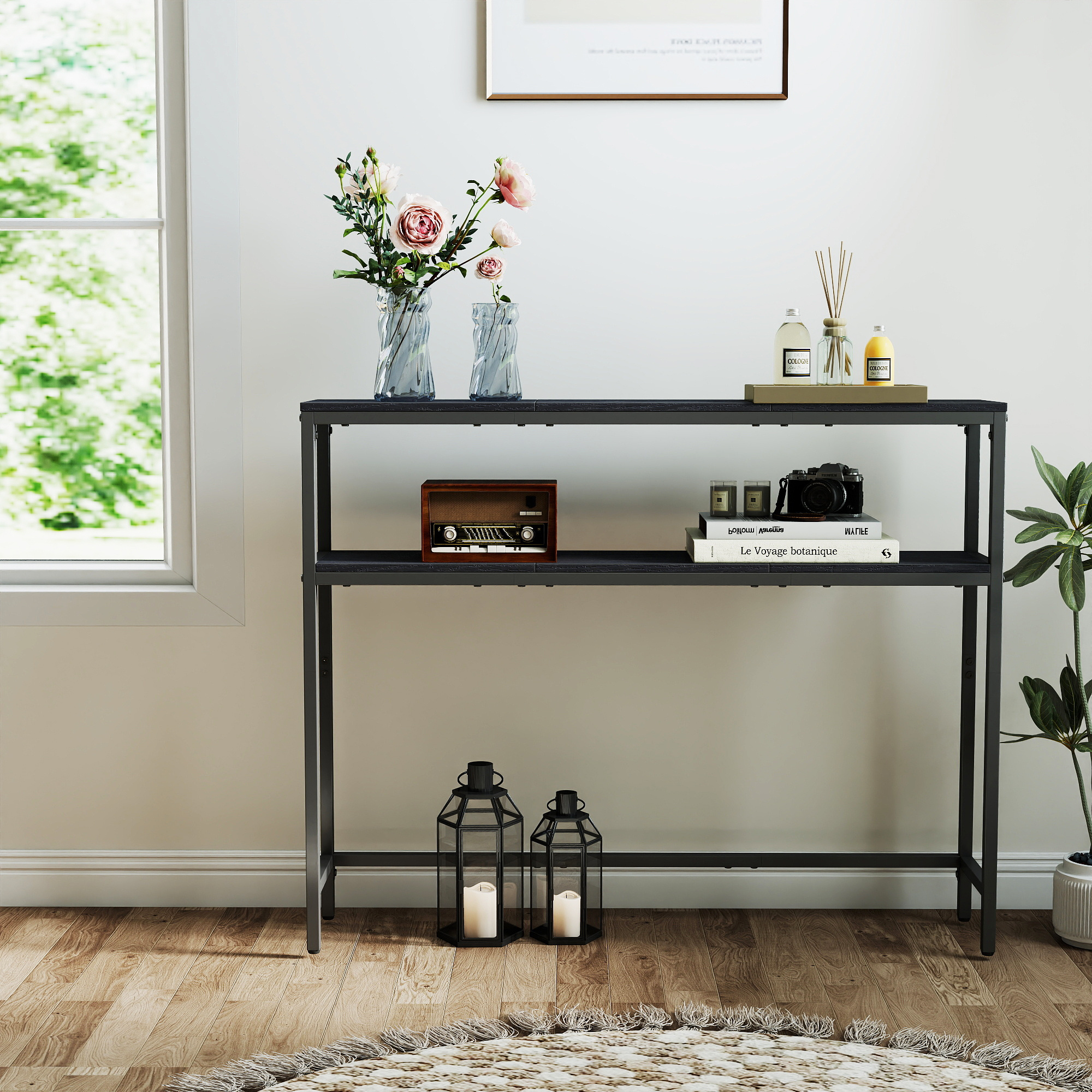 Console Table, Coffee Table With 2 Shelves, 20 X 100 X 80 Cm, Floor Table With 2 Levels, For Small Rooms, Grey-black
