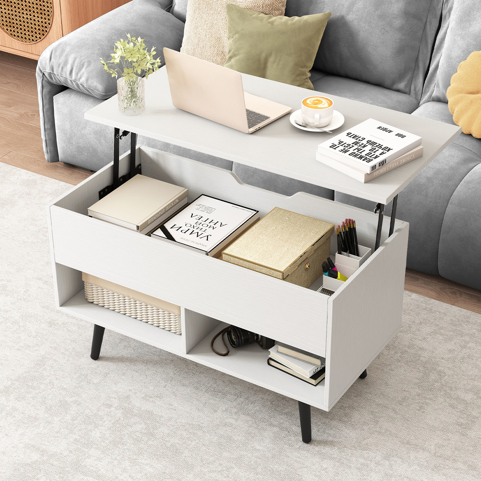 With Wooden Legs, 80 X 40 X 58 Cm, Low Sofa Table With 1 Compartment And 2 Open Shelves