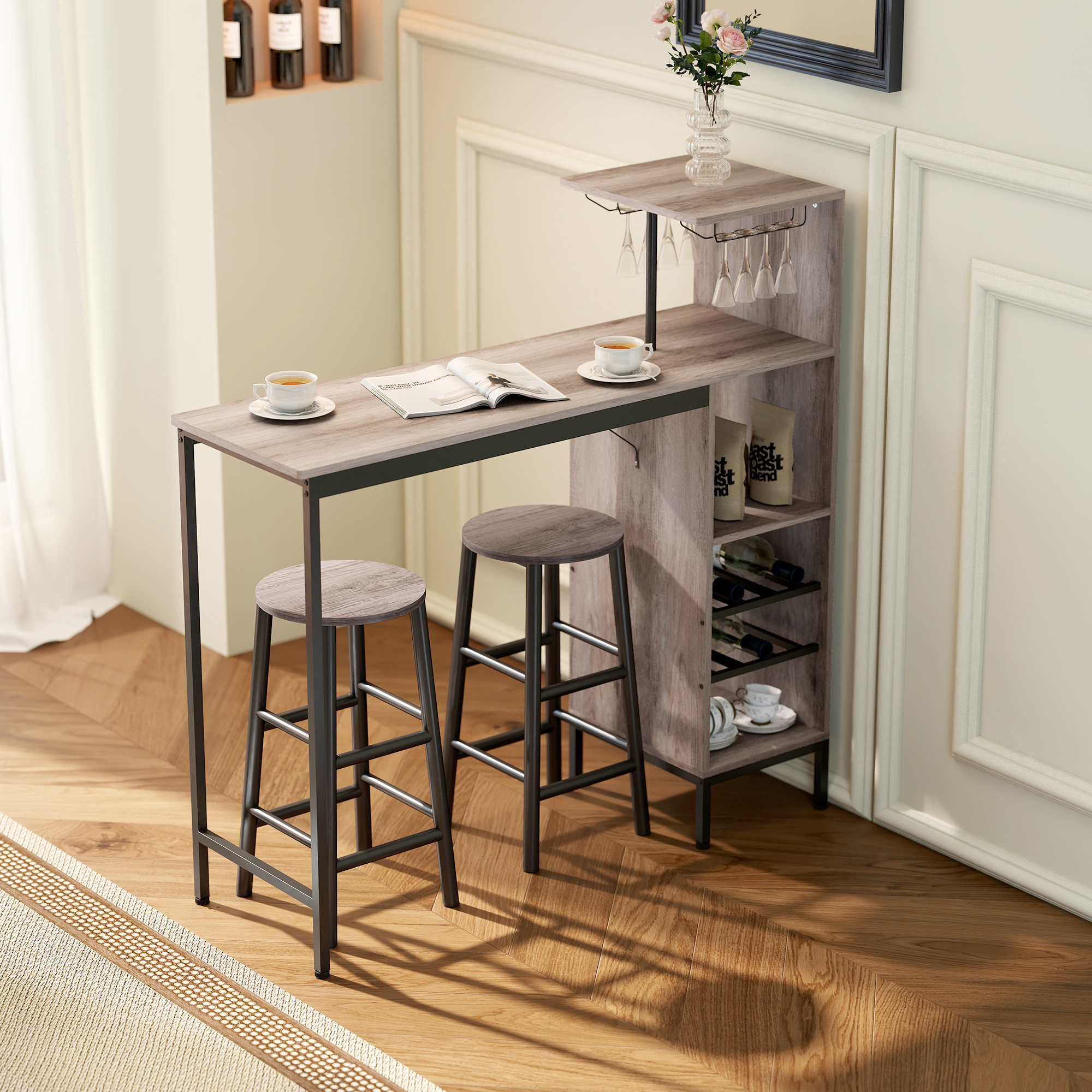 Bar Table With Bar Stool Set, Dining Table With 2 Chairs With Footrest, Dining Table With Wine Holder, Shelf, Wine Rack, Industrial Bar Table Set For Dining Room, Small Space, Grey