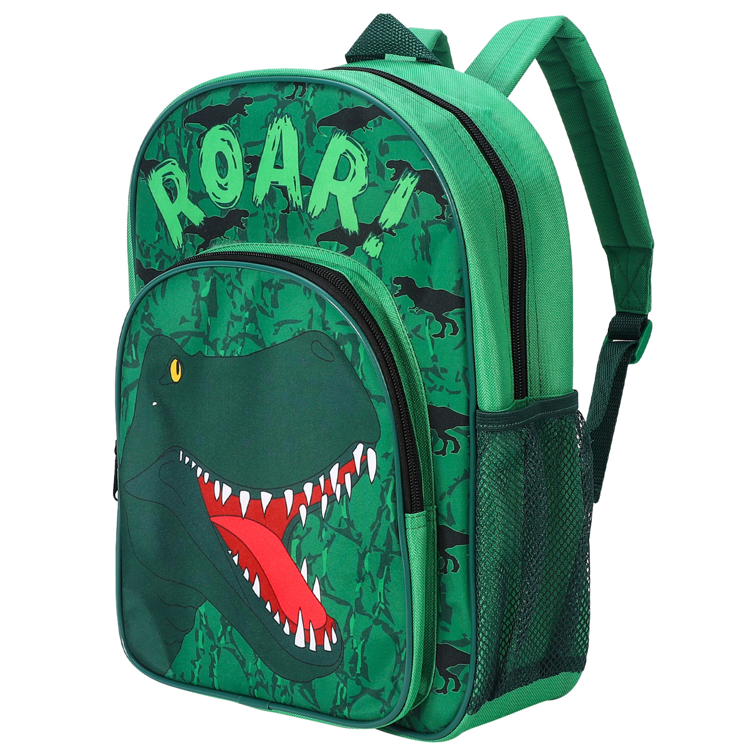 TEMU Dinosaur Green Kids Childrens Premium Backpack School Rucksack Travel Bag Boys Girls With Side Mesh Pocket And Front Zipped Pocket