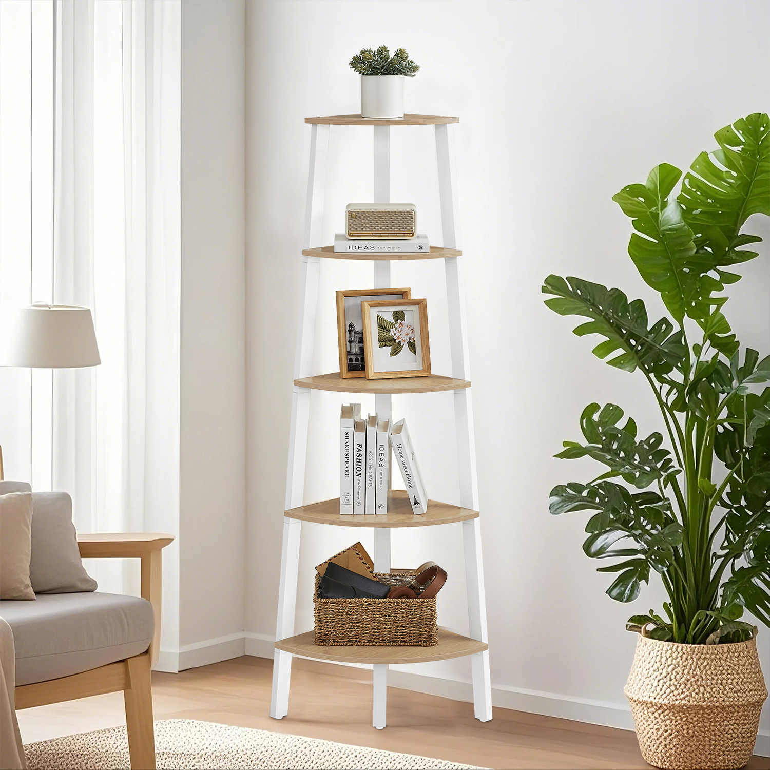 Corner Shelf, 5-tier Bookshelf, Ladder Shelf, Storage Shelf, Plant Shelf For Living Room