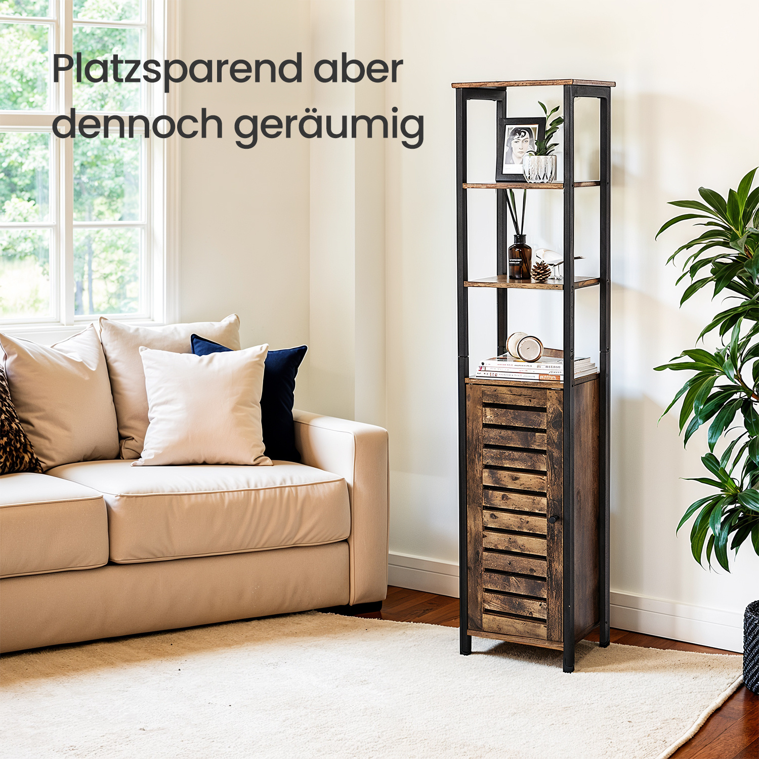 Tall Cabinet, Narrow Kitchen Cabinet, Bathroom Cabinet, 3 Open And 2 Hidden Shelves, -black