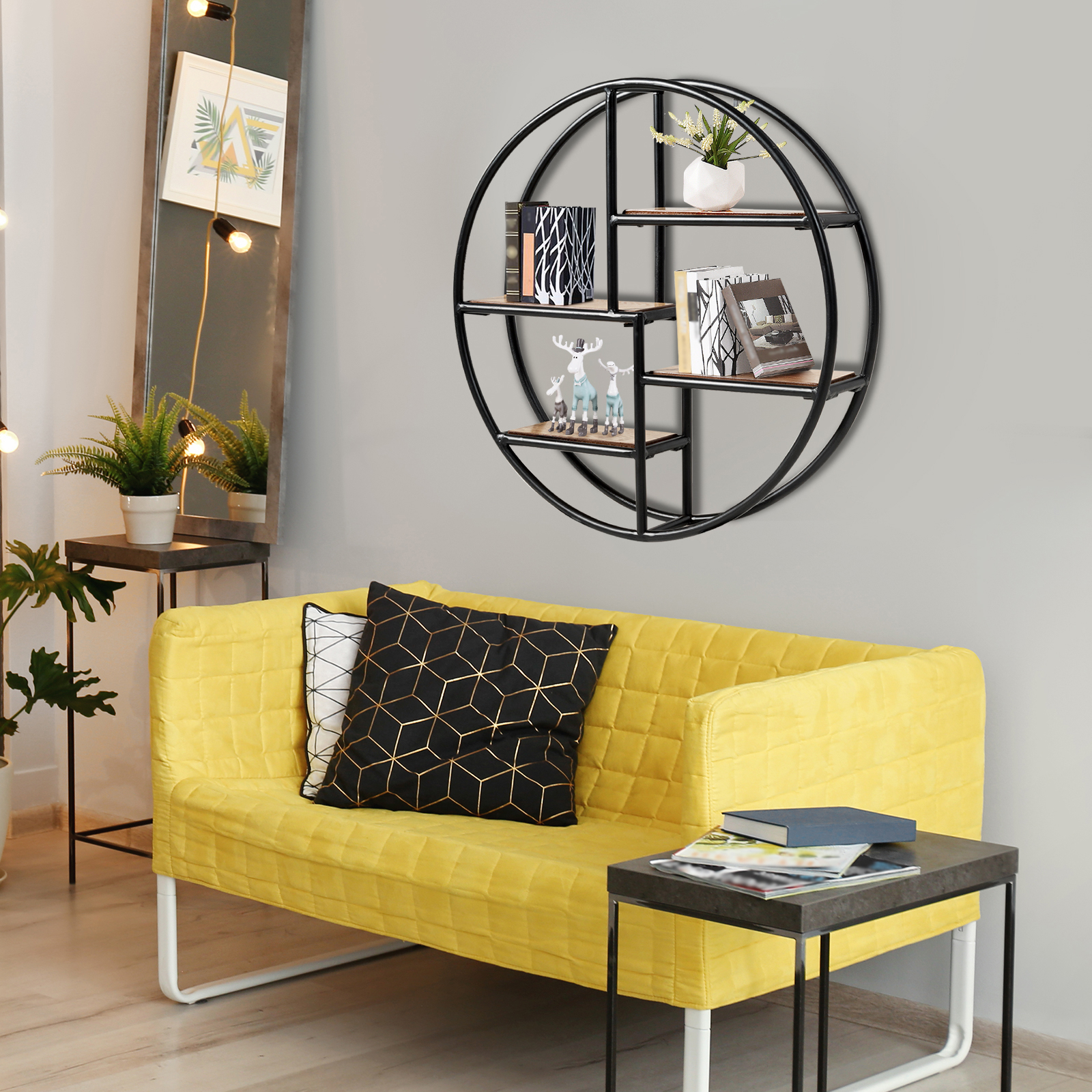 Round Circular Wall-mounted Shelves, 4 Tier Wood And Metal Decorative Floating Shelf