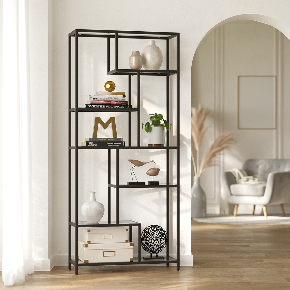 Image of 6-tier Bookshelf, Shelf With Tempered Glass Shelves, Floor Shelf, 30 X 80 X 180 Cm, For Office, Living Room, Kitchen