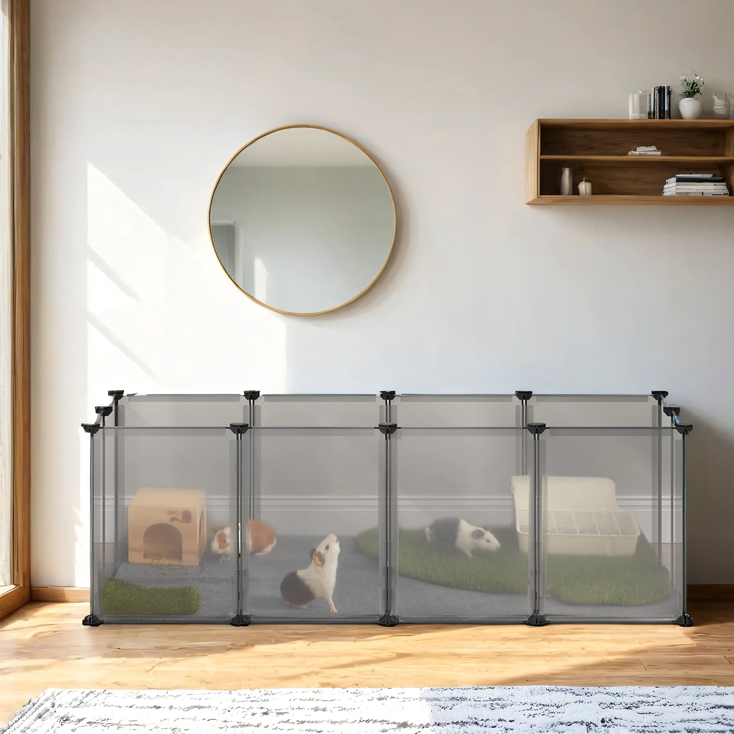 E-shop Freigehege mit Bodenplatten, Laufstall, Meerschweinchen Gehege, aus Kunststoff, Gehege für Hamster, Kaninchen, 125 x 42 cm