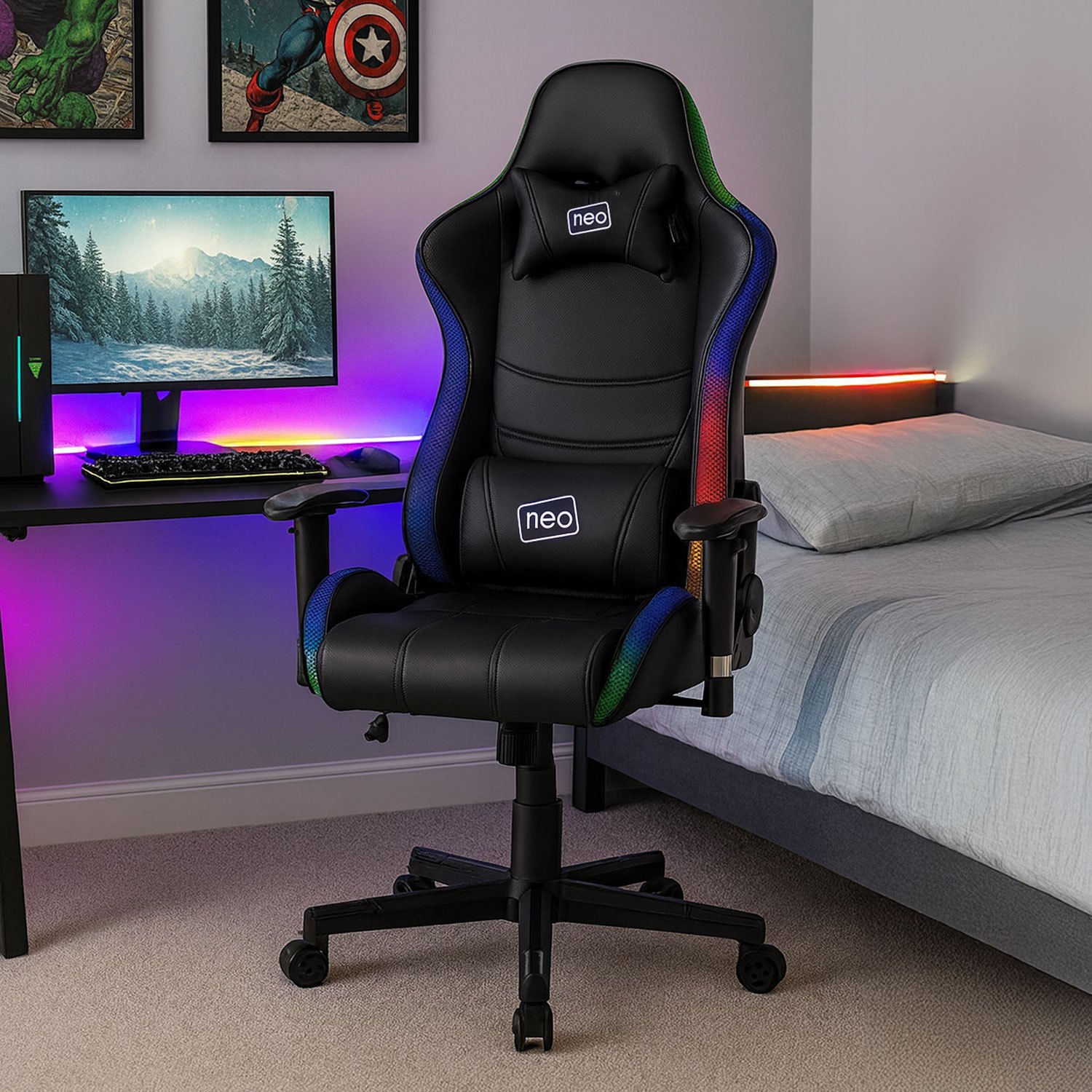 Neo Black Leather Gaming Chair With Led Lights