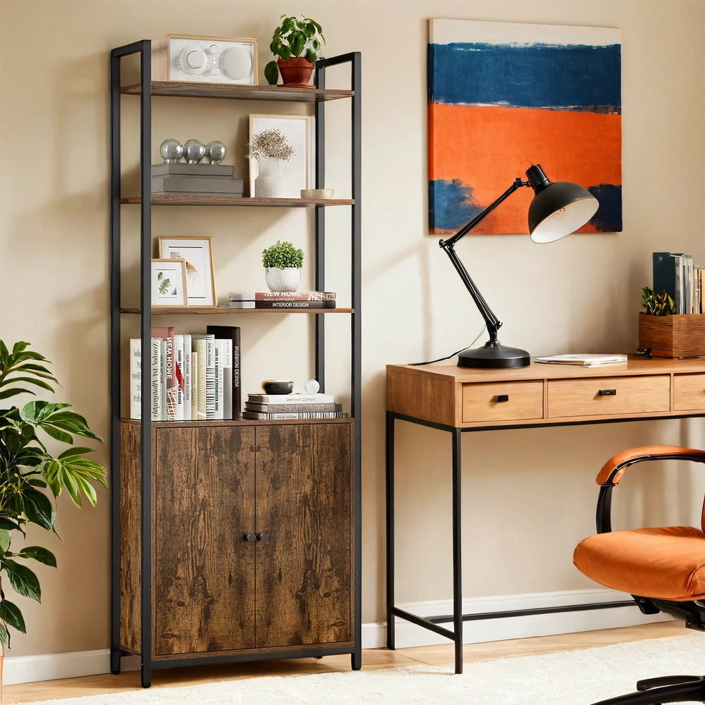 E-shop Bücherregal, 6 Ebenen, Regal, Standregal mit Türen, Metallrahmen, verstellbaren Ablagen, 24 x 60 x 159,5 cm, Wohnzimmer,
