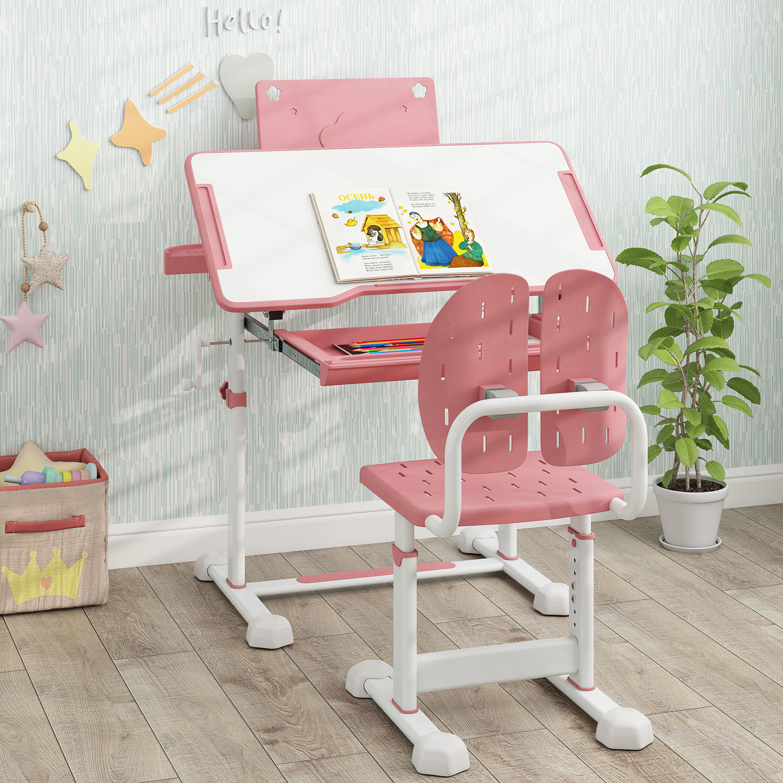 Image of Kid's Study Desk & Chair Set, Height-adjustable Children Study Desk With Tilt Desktop, Book Stand & Footrest Bar, Ergonomic Chair, Writing Table & Chair Set For Toddlers, Pink