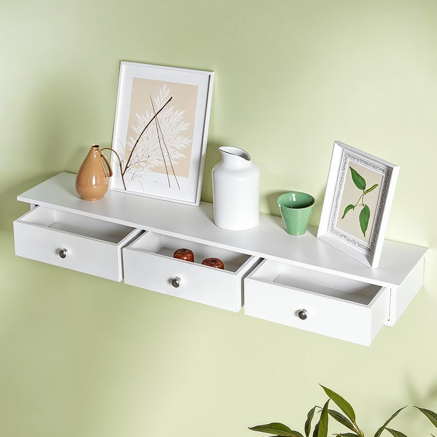 Image of Floating Shelf, Wall Shelf, With 3 Drawers, For Hallway, Living Room, Office, Easy Assembly, Modern, Space-, White