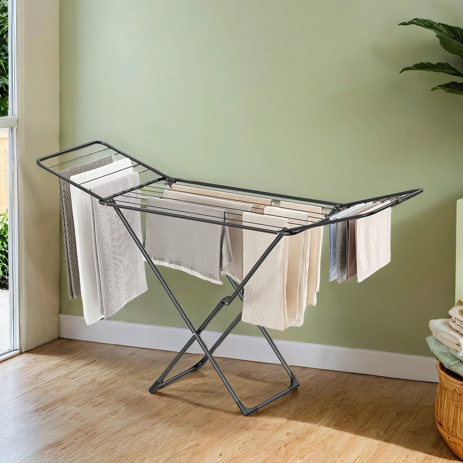 Image of Foldable Clothes Drying Rack, Winged Laundry Stand For Indoor And Outdoor Use, Freestanding For Bedding And Clothing