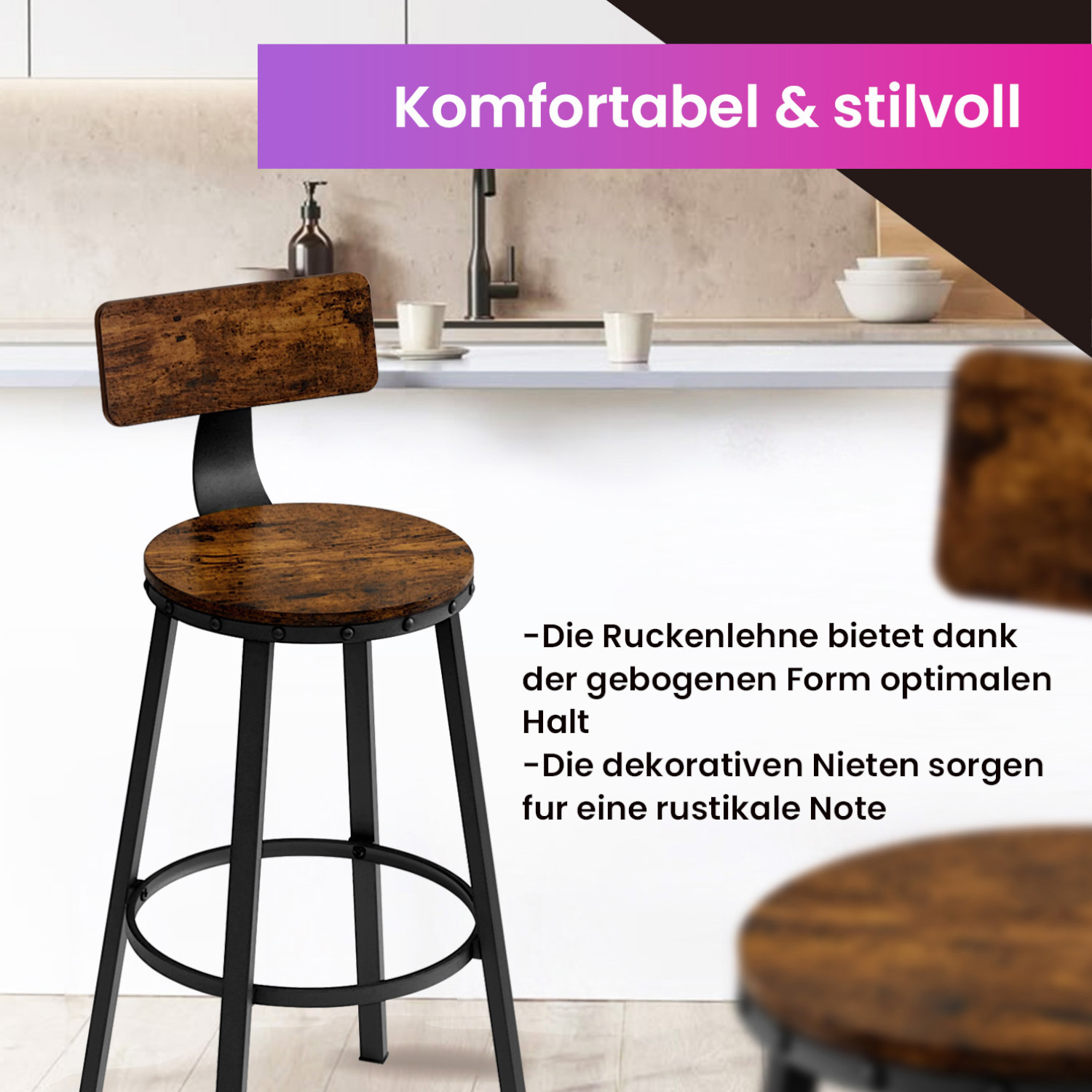 Image of Bar Stool 2pcs Set, Bar Chair With Metal Frame, Kitchen Chair, Easy Assembly, Industrial Style
