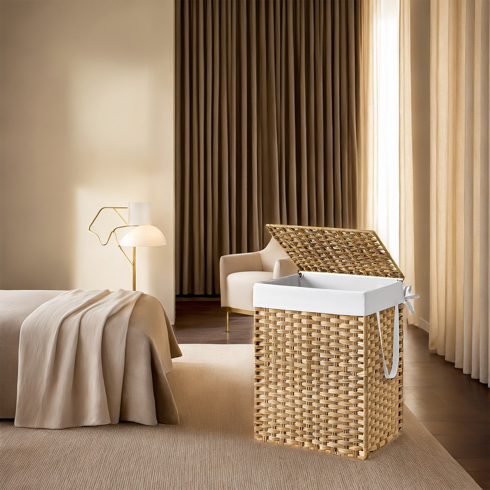 Image of 90 Liter Laundry Basket, , Synthetic Rattan Laundry Collector, Foldable, With Lid And Handles, Removable Laundry Bag