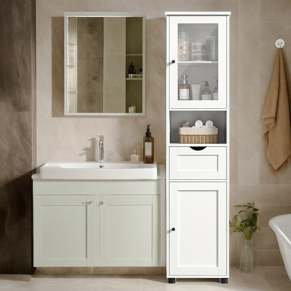 E-shop Badezimmerschrank, Badschrank, Hochschrank, offenes Fach, Badezimmermöbel, mit Füßen, höhenverstellbare Ablagen