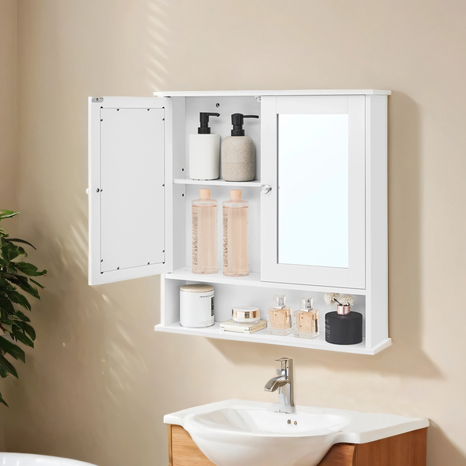 Mirror Cabinet, Bathroom Cabinet, Wall Cabinet With 2 Mirror Doors And Open Shelf, Wall-mounted, 13 X 56.5 X 58.5 Cm