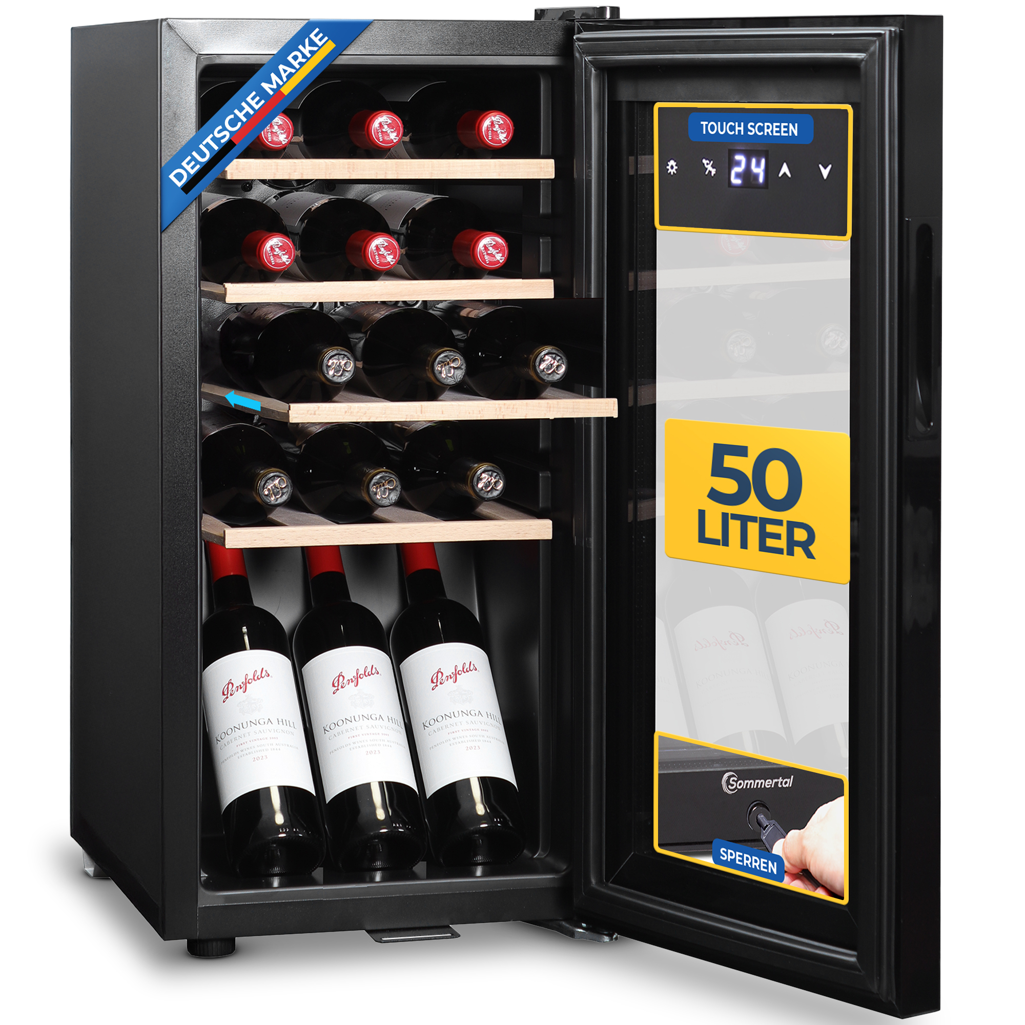 Image of Wine Refrigerator With Glass Door | 15 Bottles | Adjustable 5–20°c | Touchscreen | Led Lighting | 4 Wooden Shelves | Lockable | Quiet & Energy-efficient | Uv-protected Glazing | Model Jc/50a