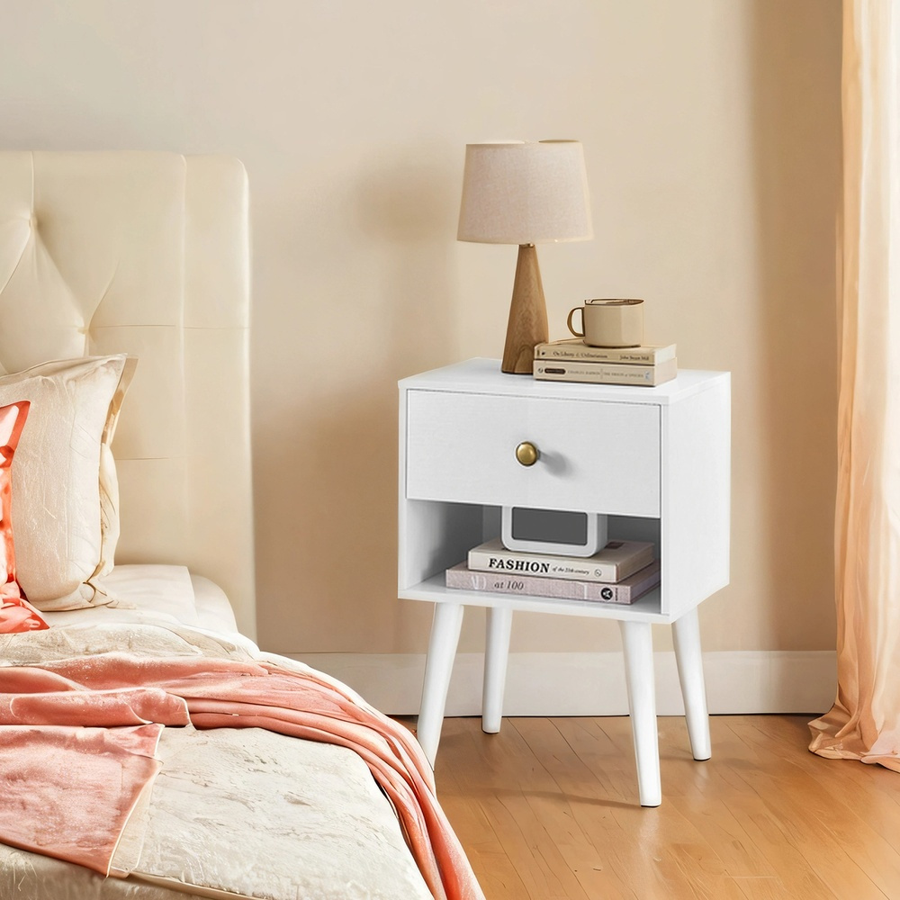 Nightstand, Side Table With Drawer And Open Shelf, Wooden Legs, Coffee Table, Living Room, Bedroom
