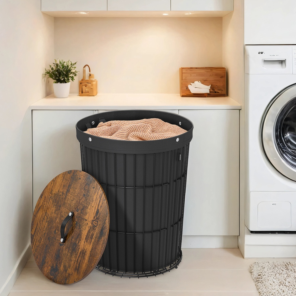 Image of Laundry Basket With Lid, Round Laundry Collector, 95 L, Removable Laundry Bag, For Laundry Room, Bedroom, Living Room, Black