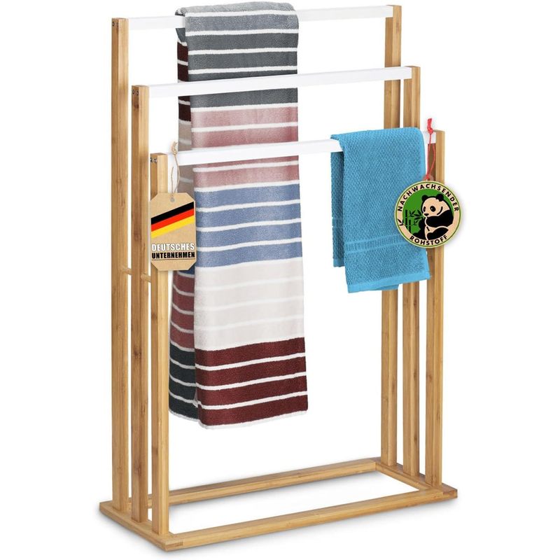 TEMU FLOORDIREKT Porta Asciugamani in Bamb羅 Kentucky - 24 x 54 x 82,5 cm - Elegante e a Forma di - Porta Asciugamani Autoportante Barre Inclinate -