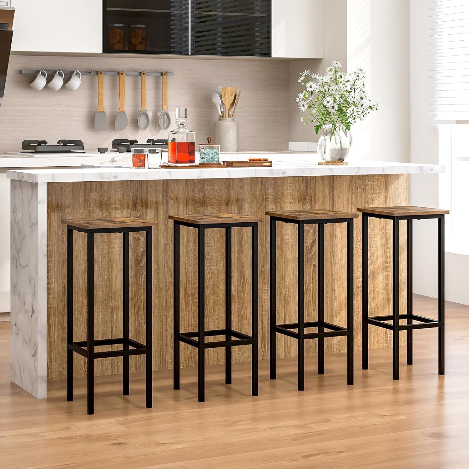 Image of Set Of 4 Bar Stool Set, 28" Backless Bar Chairs With Metal Legs & Footrest, Kitchen Breakfast Stools, Industrial Counter Height Stools For Home, Cafe & Pub