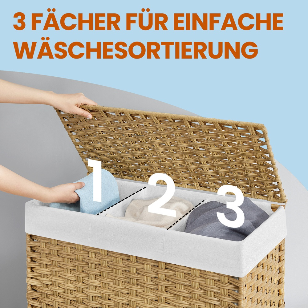 E-shop Wäschekorb mit Deckel, 160 L, Wäschesortierer mit Rollen, Wäschesammler 3 Fächer, Rattan-Optik, Wäschesack