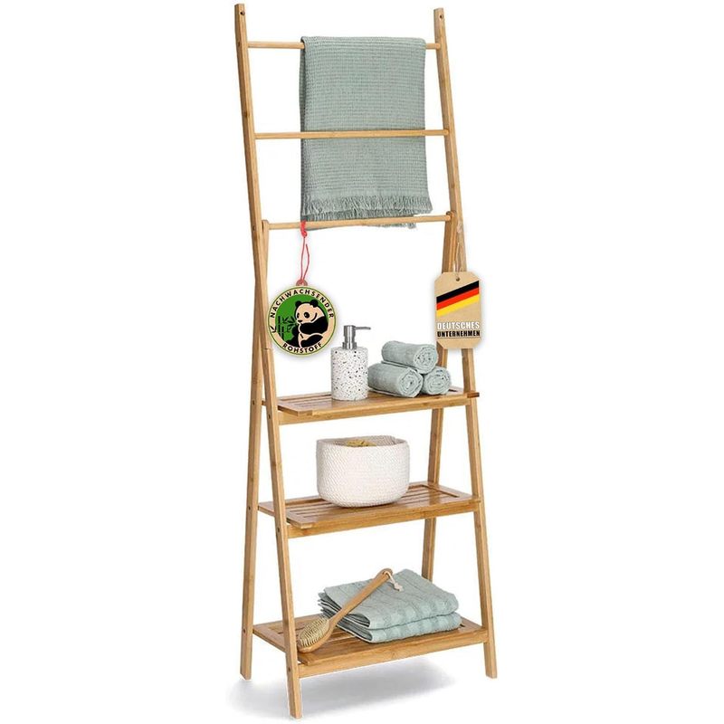 TEMU Floordirekt Bamboo Towel Rack - 53 X 152 X 31 Cm - Made Of Genuine Bamboo - Elegant & Stair-shaped - Freestanding Towel Stand With 3 Offset Rods