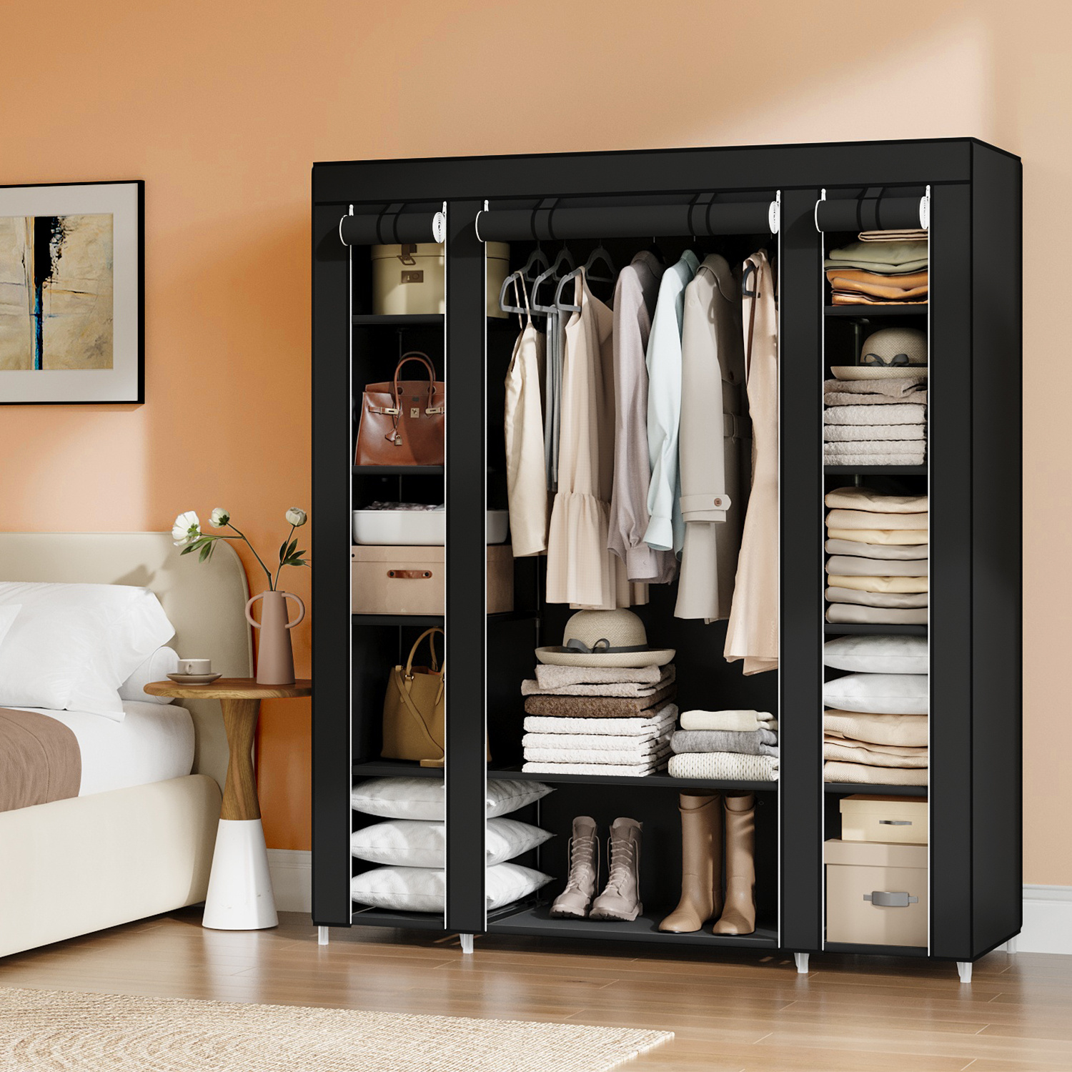 Image of Wardrobe, Fabric Wardrobe, With Velour Cover, With Clothes Rail, 45 X 150 X 175 Cm, Metal Frame, Bedroom Wardrobe