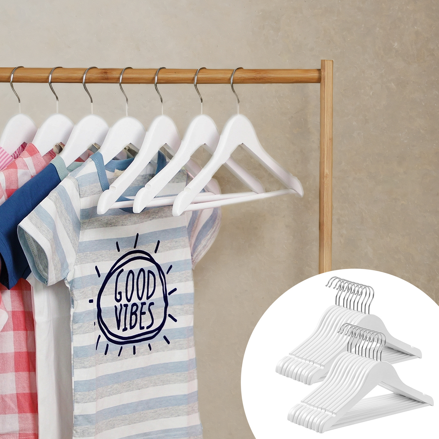 Image of Children's Clothes Hangers, 20pcs Set Of Children's Clothes Hangers, 35 Cm Long Wooden Hangers, Solid Wood, With Non-slip Pants Clip And Notches, White