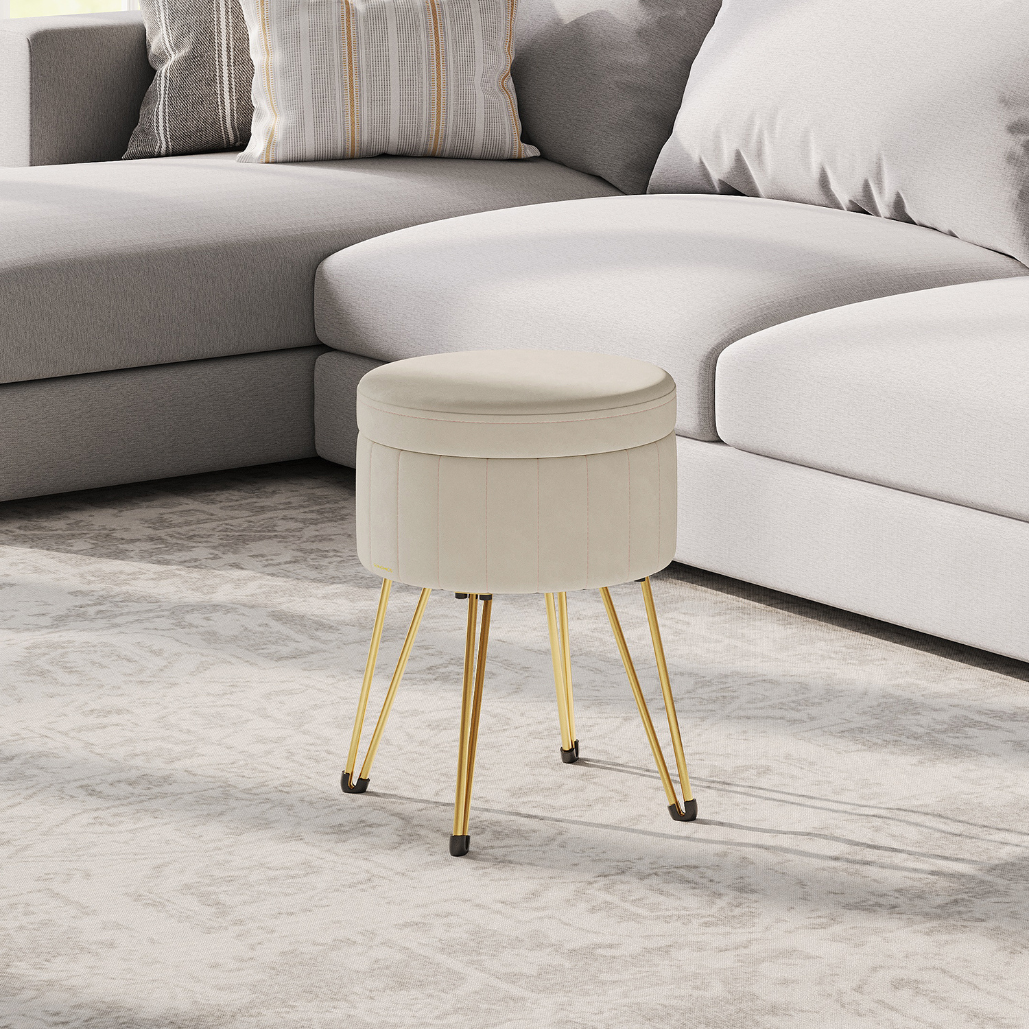 Stool, Stool With Storage, Round Stool, Velvet Stool, 39 Cm Diameter, 44.4 Cm Height, 4 Metal Legs