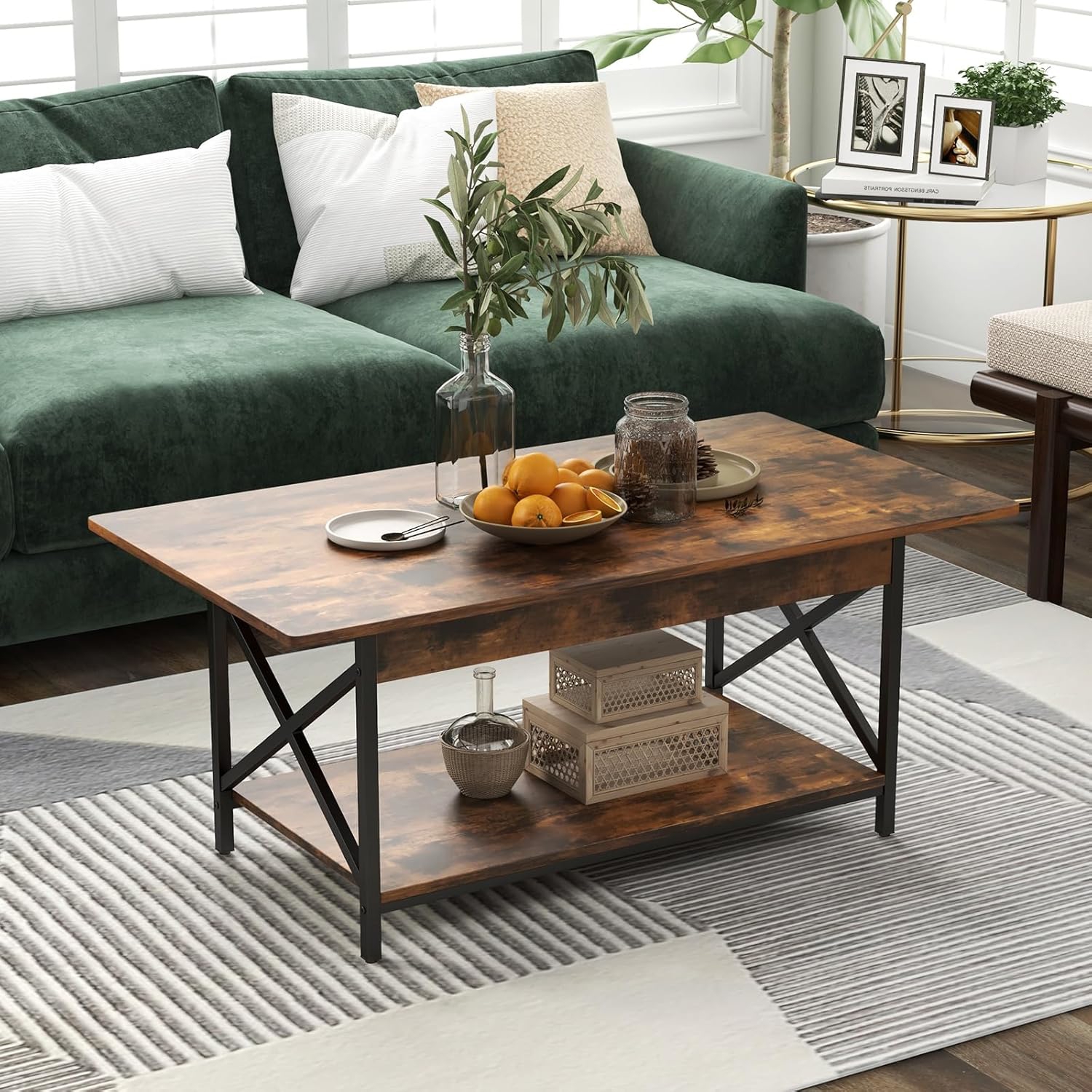 Image of 2 Tier Rectangular Coffee Table, Home Industrial Style Tea Table With Metal Frame, Cocktail Table With Storage Shelf