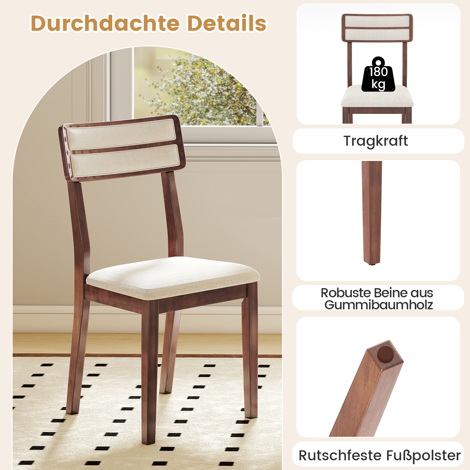 Image of Modern Dining Chairs Set Of 2, Upholstered Kitchen Chairs W/tilt Backrest, Rubber Wood Legs, Soft Padded Seat, Armless Accent Side Chairs For Living Room, Dining Room, Study, 180 Kg Load Capacity