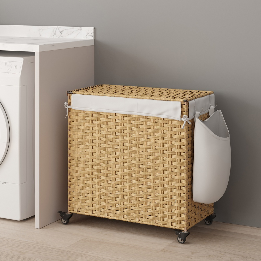 Laundry Basket With Lid, 140l, Laundry Sorter With Wheels, 3-compartment Laundry Hamper, Removable Laundry Bag, 66 X 33 Cm