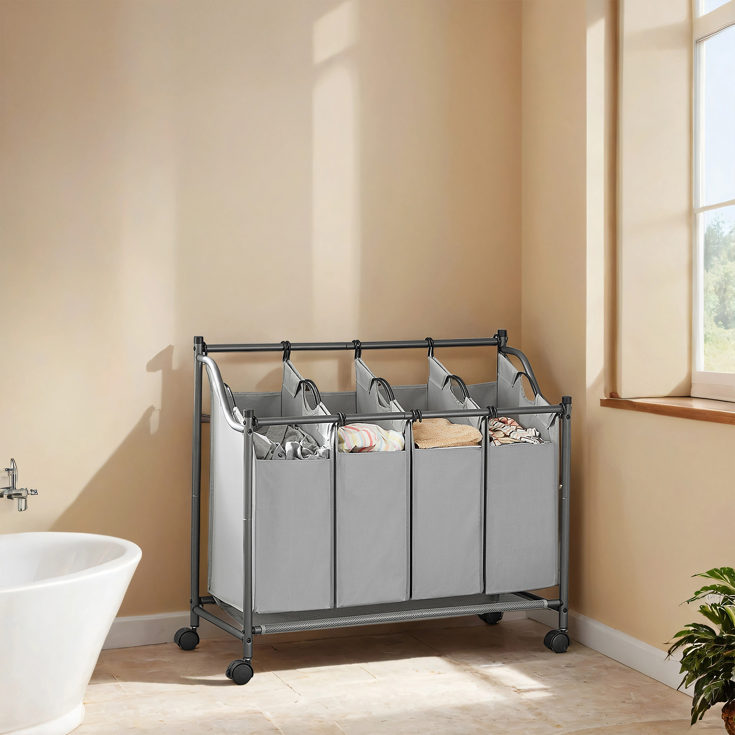Laundry Basket With Wheels, 4 X 35 L, Laundry Collector With 4 Removable Laundry Bags, Laundry Cart
