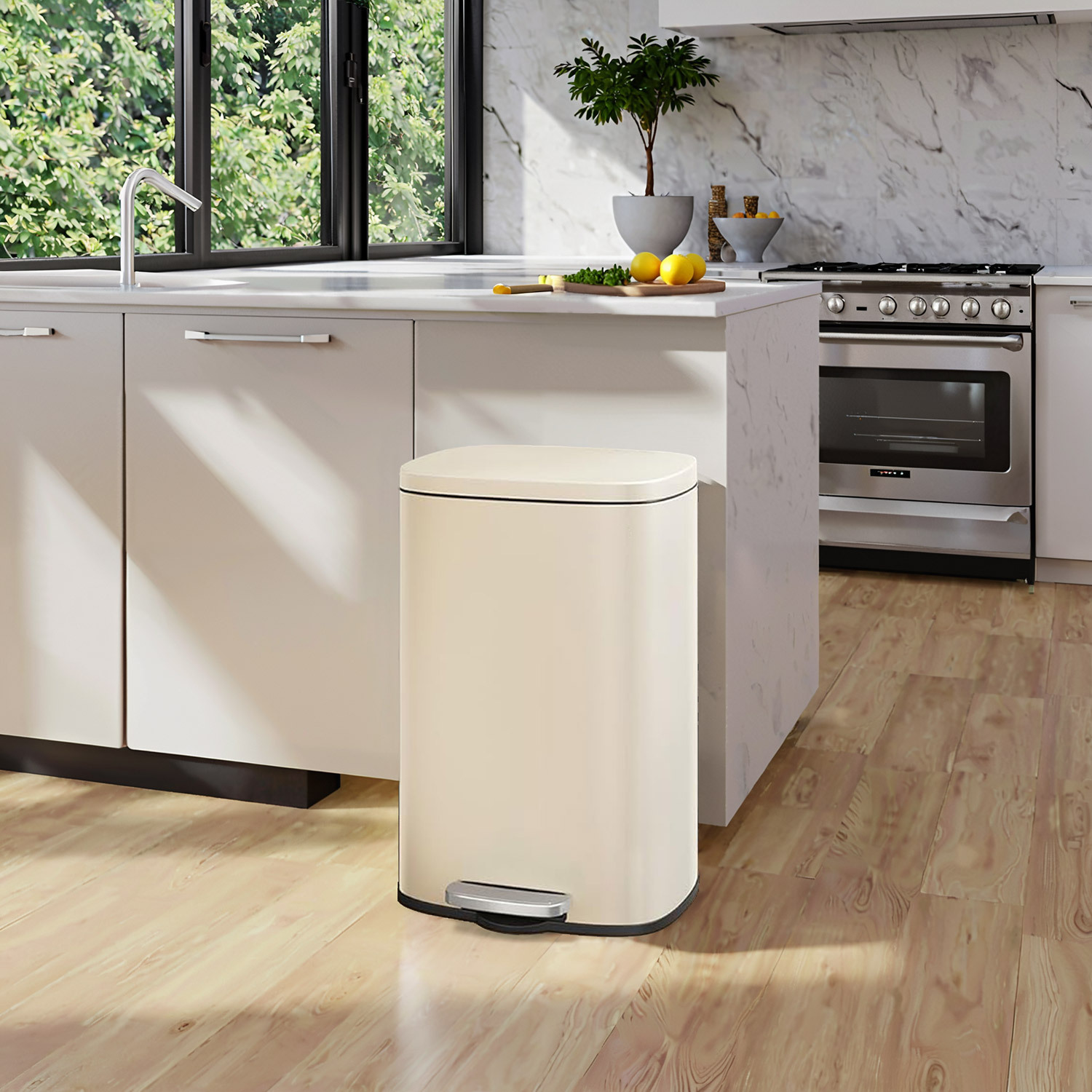 Image of Trash Can 50 L, Waste Bin For The Kitchen, Kitchen Trash Can With Lid And Inner Bucket, 43.2x37.1x63.2cm, Steel