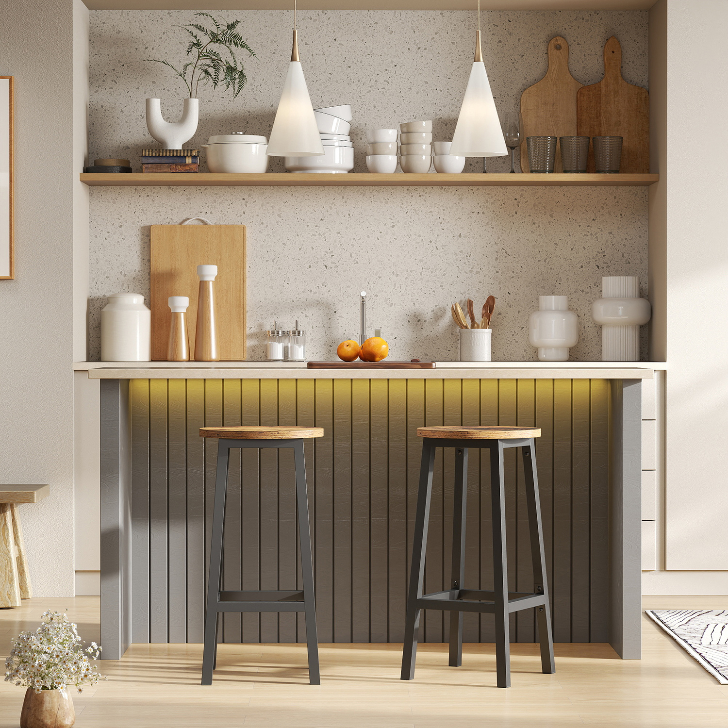 Image of Bar Stool Set Of 2, 65 Cm High Kitchen Chairs With Metal Frame, Footrest Included, For Kitchen, Living Room, Dining Room