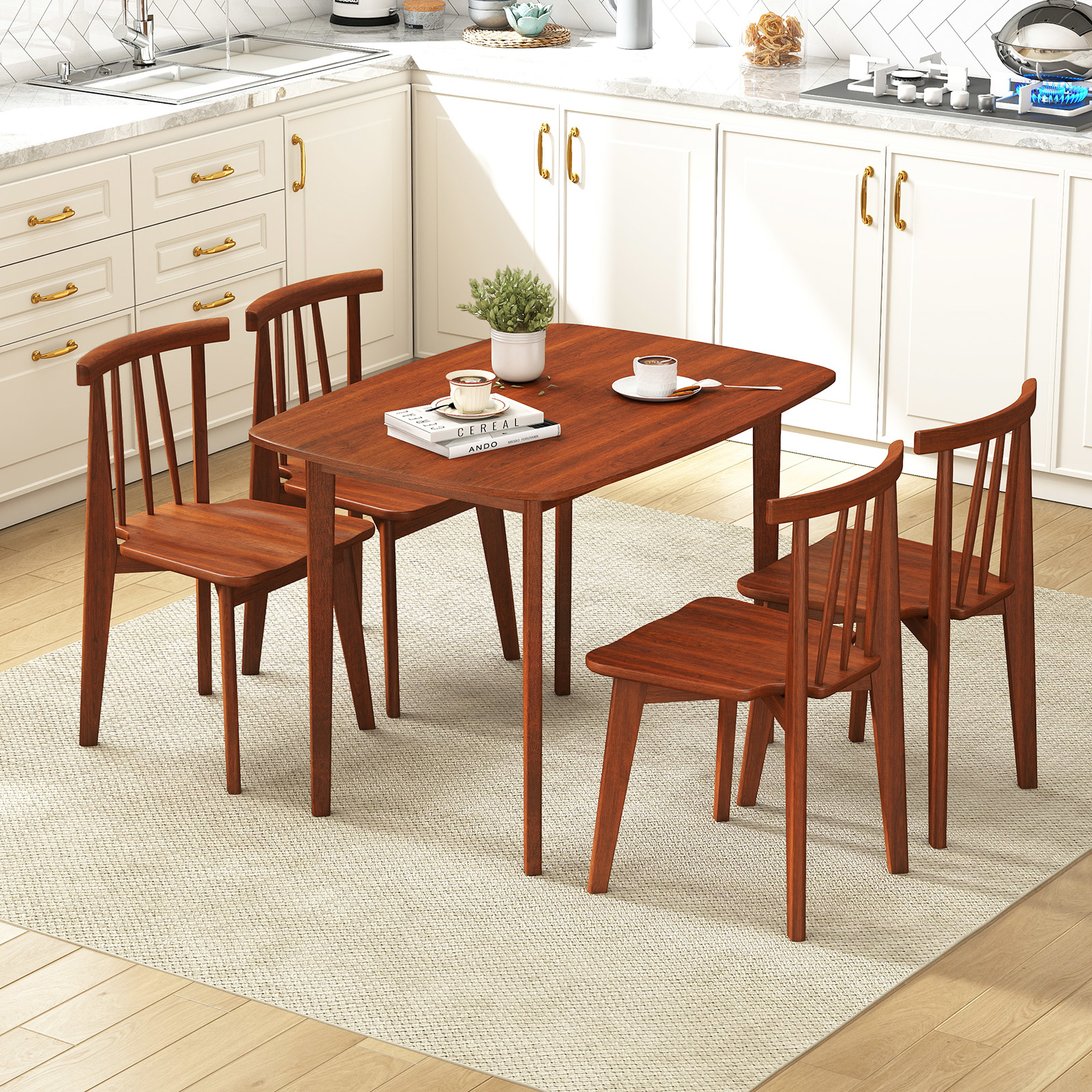Image of 43" Wooden Dining -, Rectangular Kitchen Table W/ Rubber Wood Legs, Farmhouse Dining Room Desk For Small Apartment, Home Office Living Room Furniture, Load 200 Lbs