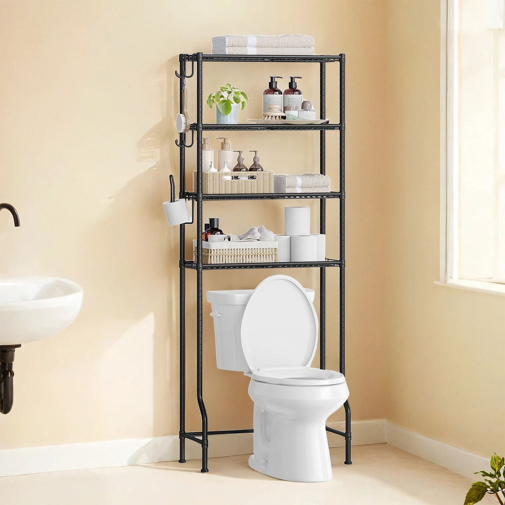 4-tier Toilet Shelf, Bathroom Shelf, Washing Machine Shelf, Adjustable Shelves With Hooks