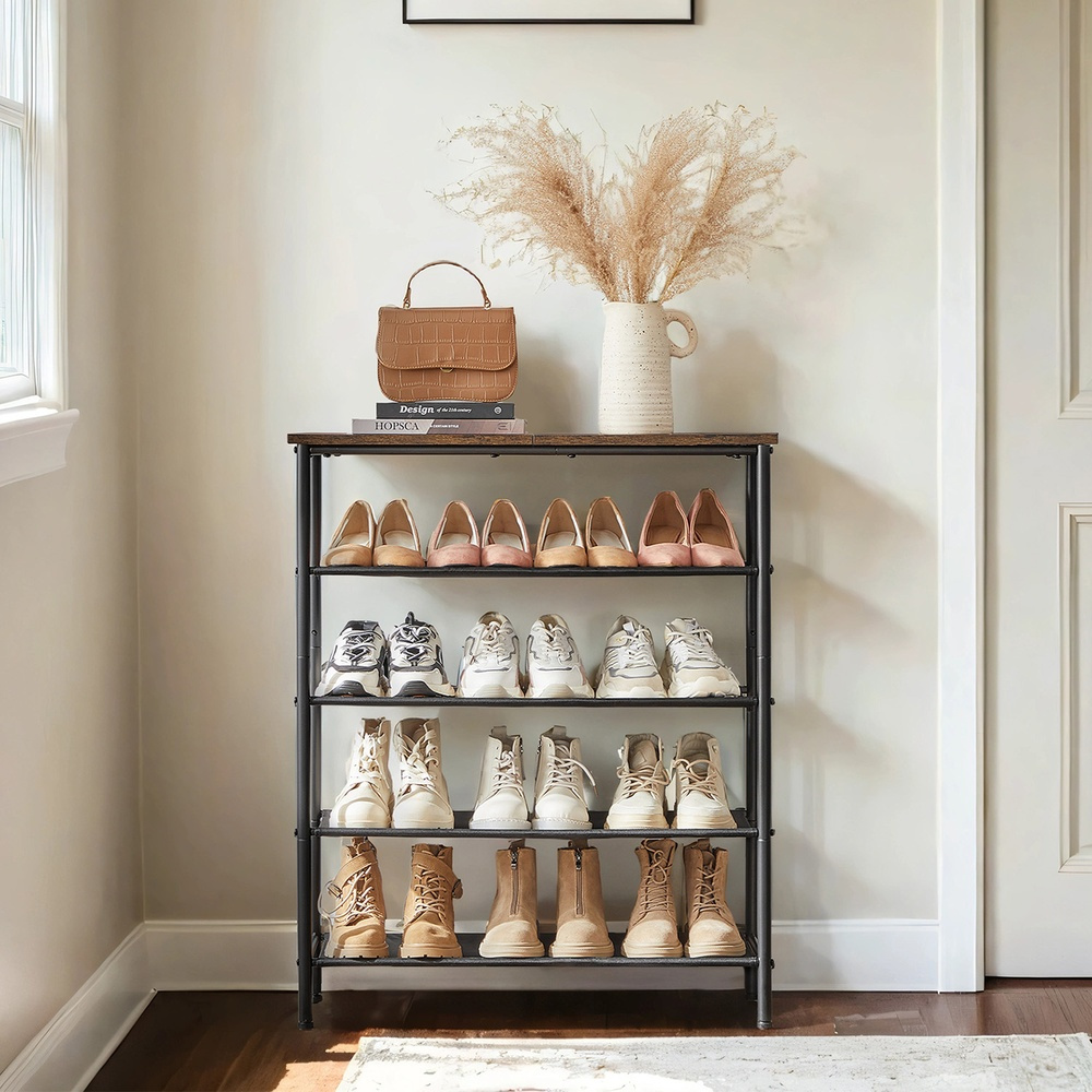 Image of 5-tier Shoe Rack, For 12-16 Pairs Of Shoes, Shoe Organizer, For Hallway, 4 Shelves Made Of Polyester Fabric, Brown-black